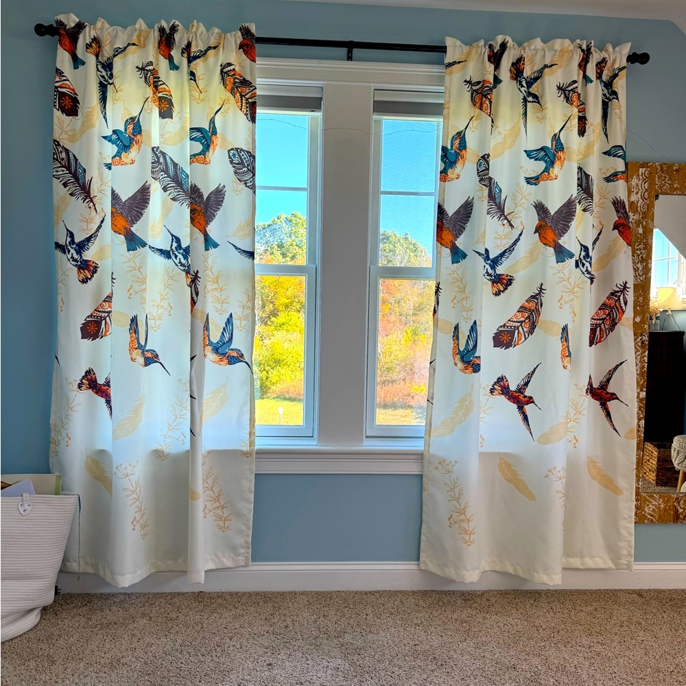 Beautiful Boho Chic hummingbird and feather curtain Panels (set of 2)